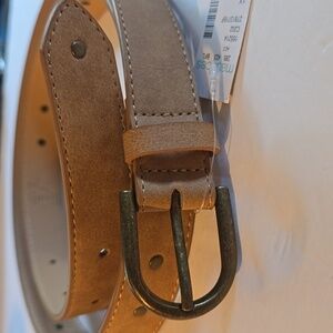 Womens Tan/Beige Belt Rivets Embroidery Dull Brass Buckle Neutral Modern Sz.1X